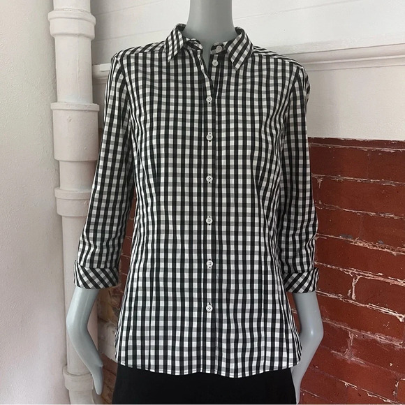 Lafayette 148 Black and White Gingham Fitted Button Down Shirt Checked Top - Picture 12 of 15